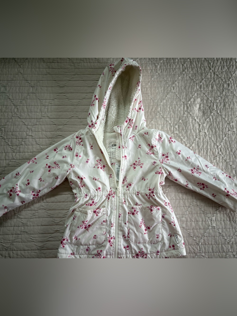 Carters Girls' White Floral Hooded Jacket - Pink Flower Print